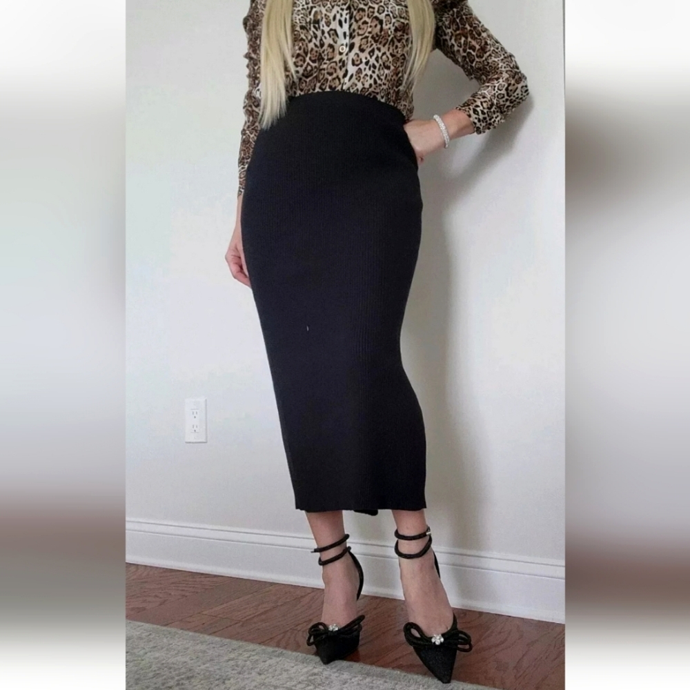 MANGO KNIT KNITTED BLACK SLIM FIT MIDI SLIT SKIRT LARGE